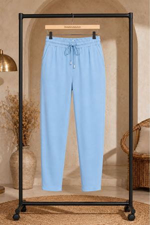 Kadın Beli Lastikli Bağcıklı Cepli Dokuma Havuç Pantolon--KD001
