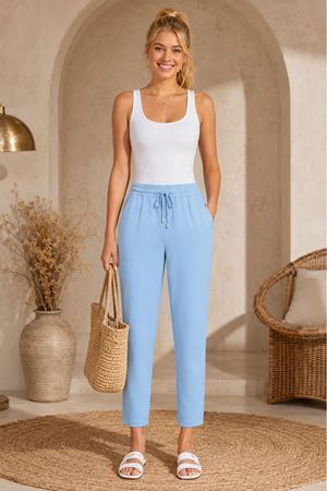 Kadın Beli Lastikli Bağcıklı Cepli Dokuma Havuç Pantolon--KD001