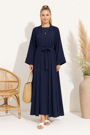 Kadın lacivert kuşak detaylı ikili takım uzun kimono elbise tesettür set ALA068
