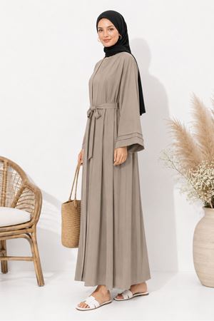 Kadın bej kuşak detaylı ikili takım uzun kimono elbise tesettür set ALA068