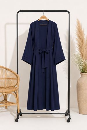 Kadın lacivert kuşak detaylı ikili takım uzun kimono elbise tesettür set ALA068