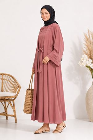 Kadın pembe kuşak detaylı ikili takım uzun kimono elbise tesettür set ALA068