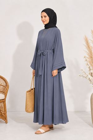 Kadın gri kuşak detaylı ikili takım uzun kimono elbise tesettür set ALA068