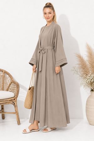 Kadın bej kuşak detaylı ikili takım uzun kimono elbise tesettür set ALA068