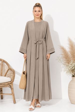 Kadın bej kuşak detaylı ikili takım uzun kimono elbise tesettür set ALA068
