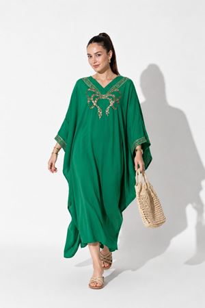 Kadın etnik işlemeli V yaka yarasa kol salaş uzun kaftan elbise ALA055