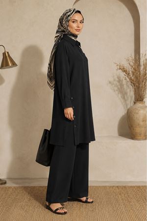 Gömlek yaka tunik pantolon ikili kadın yan düğmeli geniş paça rahat kesim tesettür takım ALA085