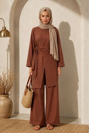 Kadın asimetrik bağlama detaylı tunik pantolon geniş paça rahat kesim şık tesettür takım EFL008
