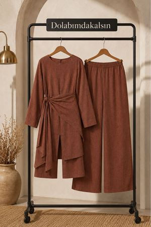 Kadın asimetrik bağlama detaylı tunik pantolon geniş paça rahat kesim şık tesettür takım EFL008