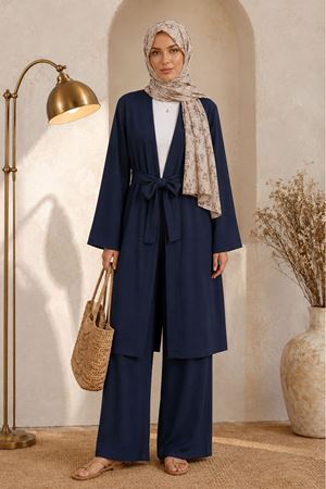 Kadın kuşaklı uzun kimono pantolon geniş paça rahat kesim ikili takım EFL008