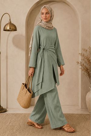 Kadın asimetrik bağlama detaylı tunik pantolon geniş paça rahat kesim şık tesettür takım EFL008