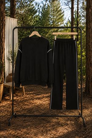 Kadın oversize şerit detaylı sweatshirt ve eşofman ikili spor takım TG012