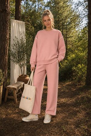 Kadın oversize şerit detaylı sweatshirt ve eşofman ikili spor takım TG012