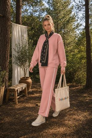 Kadın oversize şerit detaylı sweatshirt ve eşofman ikili spor takım TG012