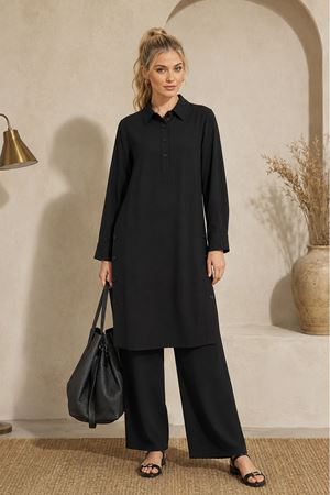 Gömlek yaka tunik pantolon ikili kadın yan düğmeli geniş paça rahat kesim tesettür takım ALA085