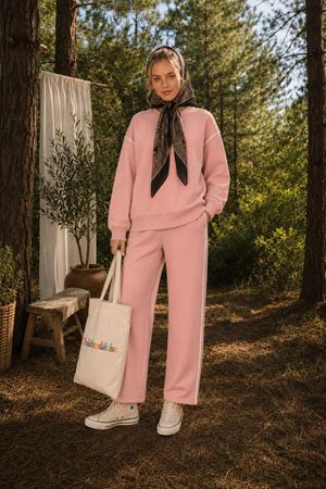Kadın oversize şerit detaylı sweatshirt ve eşofman ikili spor takım TG012
