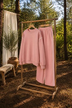 Kadın oversize şerit detaylı sweatshirt ve eşofman ikili spor takım TG012