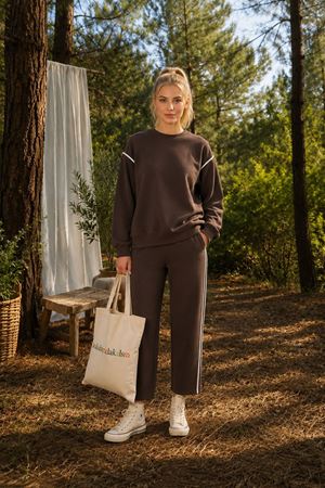 Kadın oversize şerit detaylı sweatshirt ve eşofman ikili spor takım TG012