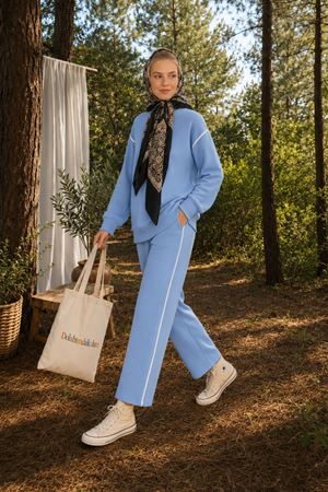 Kadın oversize şerit detaylı sweatshirt ve eşofman ikili spor takım TG012