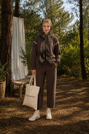Kadın oversize şerit detaylı sweatshirt ve eşofman ikili spor takım TG012