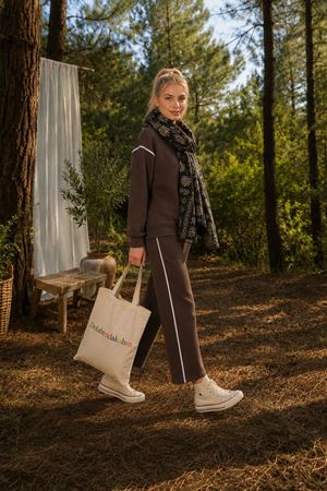 Kadın oversize şerit detaylı sweatshirt ve eşofman ikili spor takım TG012