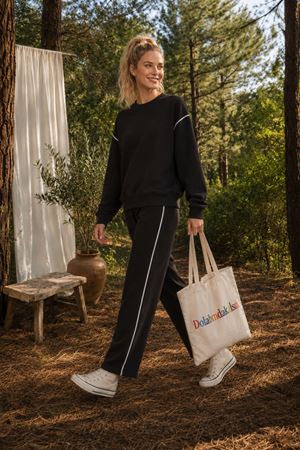 Kadın oversize şerit detaylı sweatshirt ve eşofman ikili spor takım TG012