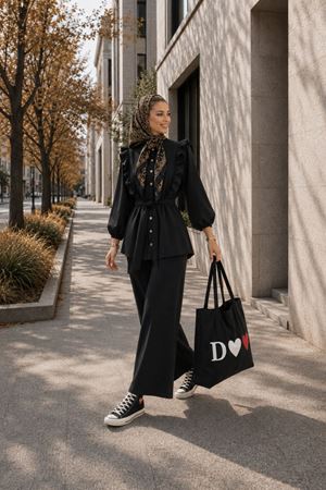 Kadın fırfır detaylı kuşaklı tunik bol paça pantolon ikili tesettür takım TG021