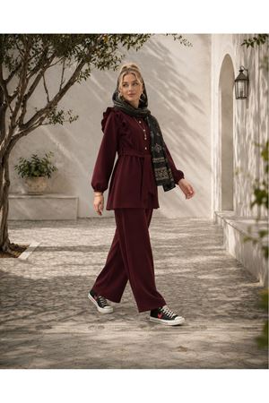 Kadın fırfır detaylı kuşaklı tunik bol paça pantolon ikili tesettür takım TG021
