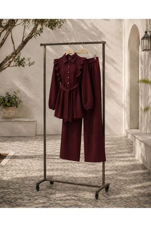 Kadın fırfır detaylı kuşaklı tunik bol paça pantolon ikili tesettür takım TG021