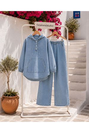 Kadın kapüşonlu denim çıtçıtlı tunik bol paça pantolon ikili takım TG024