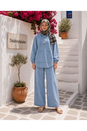 Kadın kapüşonlu denim çıtçıtlı tunik bol paça pantolon ikili takım TG024