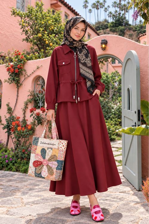 Kadın Fermuarlı Beli Bağcıklı Ceket Uzun Etek İkili Tesettür Takım TG030
