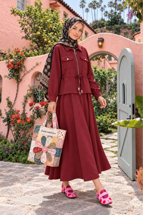 Kadın Fermuarlı Beli Bağcıklı Ceket Uzun Etek İkili Tesettür Takım TG030