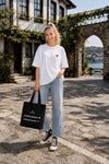 Kadın beyaz kalp detaylı oversize kısa kol T-shirt