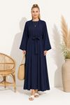 Kadın lacivert kuşak detaylı ikili takım uzun kimono elbise tesettür set ALA068