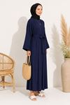 Kadın lacivert kuşak detaylı ikili takım uzun kimono elbise tesettür set ALA068