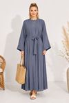 Kadın gri kuşak detaylı ikili takım uzun kimono elbise tesettür set ALA068