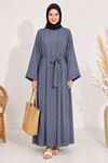 Kadın gri kuşak detaylı ikili takım uzun kimono elbise tesettür set ALA068