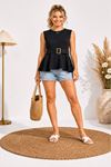 Kadın siyah kemerli peplum kesim kolsuz şık bluz CLT011