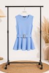 Kadın mavi kemerli peplum kesim kolsuz şık bluz CLT011