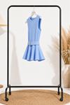 Kadın mavi kemerli peplum kesim kolsuz şık bluz CLT011