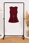 Kadın bordo kemerli peplum kesim kolsuz şık bluz CLT011