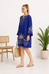 Kadın etnik desenli V yaka uzun kollu salaş kesim günlük kısa elbise ALA075