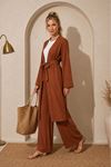 Kadın kuşaklı uzun kimono pantolon geniş paça rahat kesim ikili takım EFL008