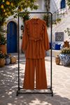 Kadın fırfır detaylı kuşaklı tunik bol paça pantolon ikili tesettür takım TG021