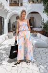 Kadın renkli askılı crop bluz bol paça pantolon ikili takım DKMRS004
