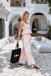 Kadın renkli askılı crop bluz bol paça pantolon ikili takım DKMRS004