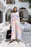 Kadın renkli askılı crop bluz bol paça pantolon ikili takım DKMRS004