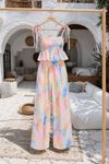 Kadın renkli askılı crop bluz bol paça pantolon ikili takım DKMRS004