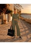 Kadın büzgü detaylı crop bluz bol paça pantolon ikili takım CLT022